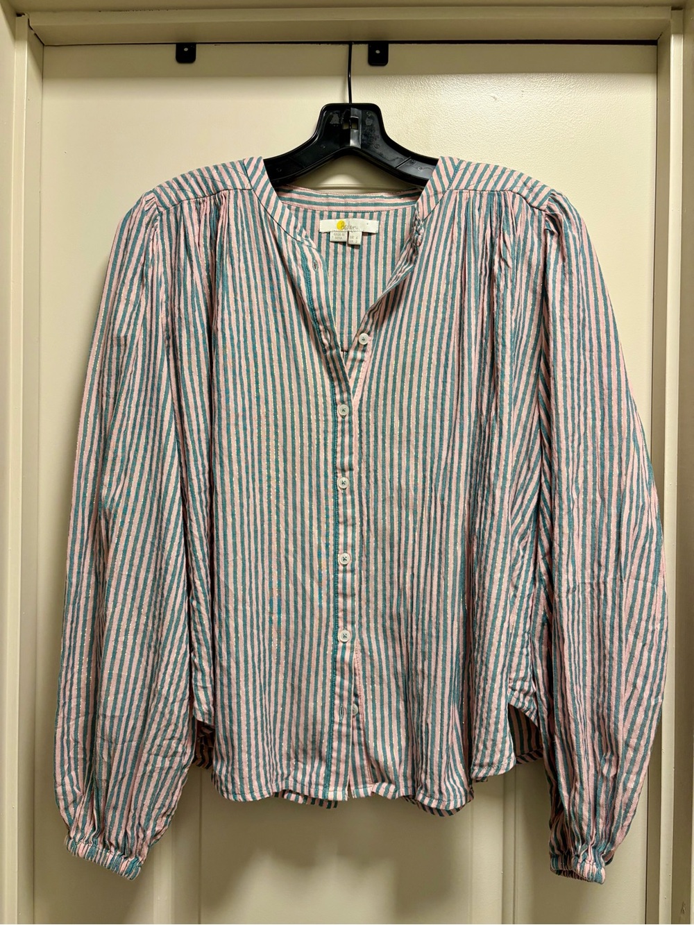 Boden Striped Metallic Quilted Shoulder Blouse Top UK 6 / US 2 Pink Teal Boho